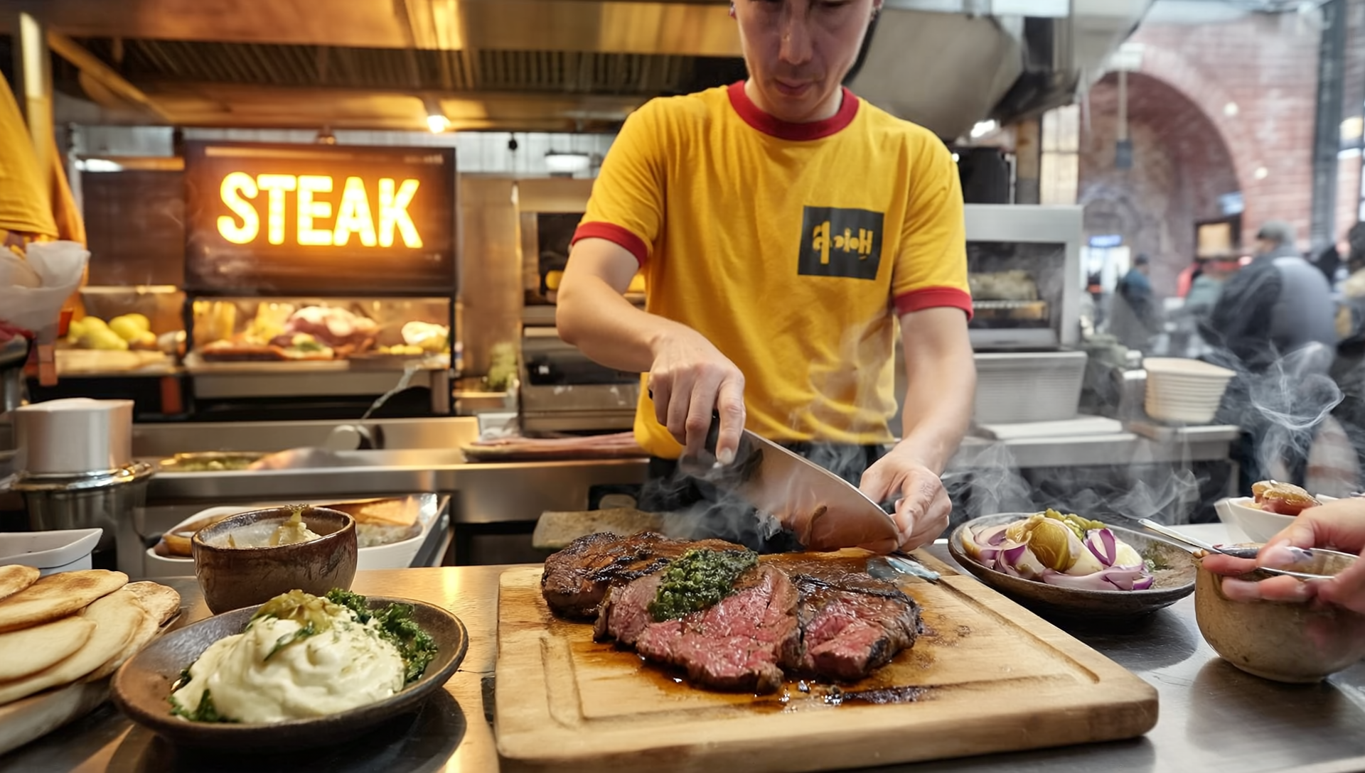 Independent street-food partner slicing steak at OFF-GRID