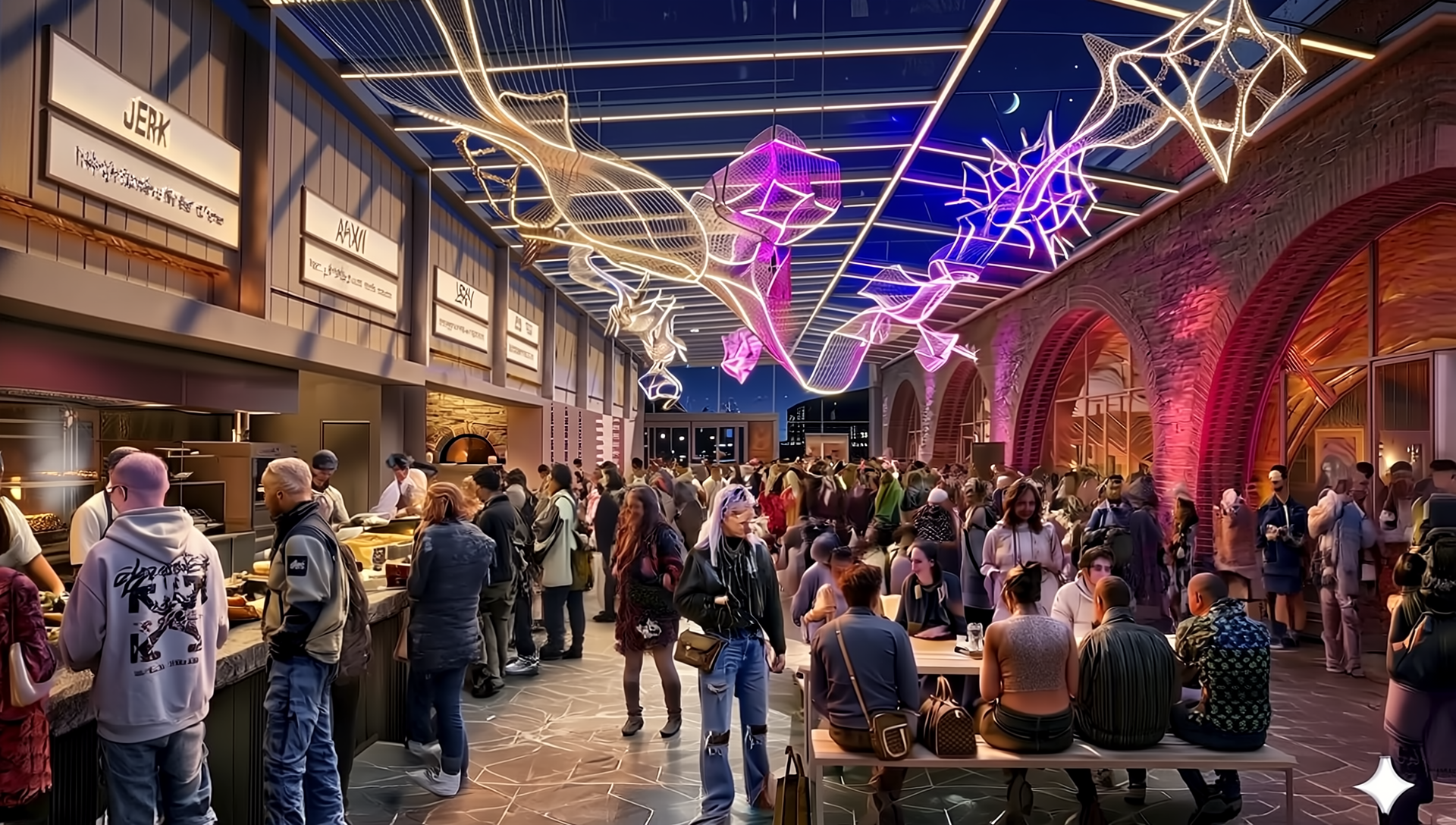 The Festival Yard lit up at night with food traders and visitors